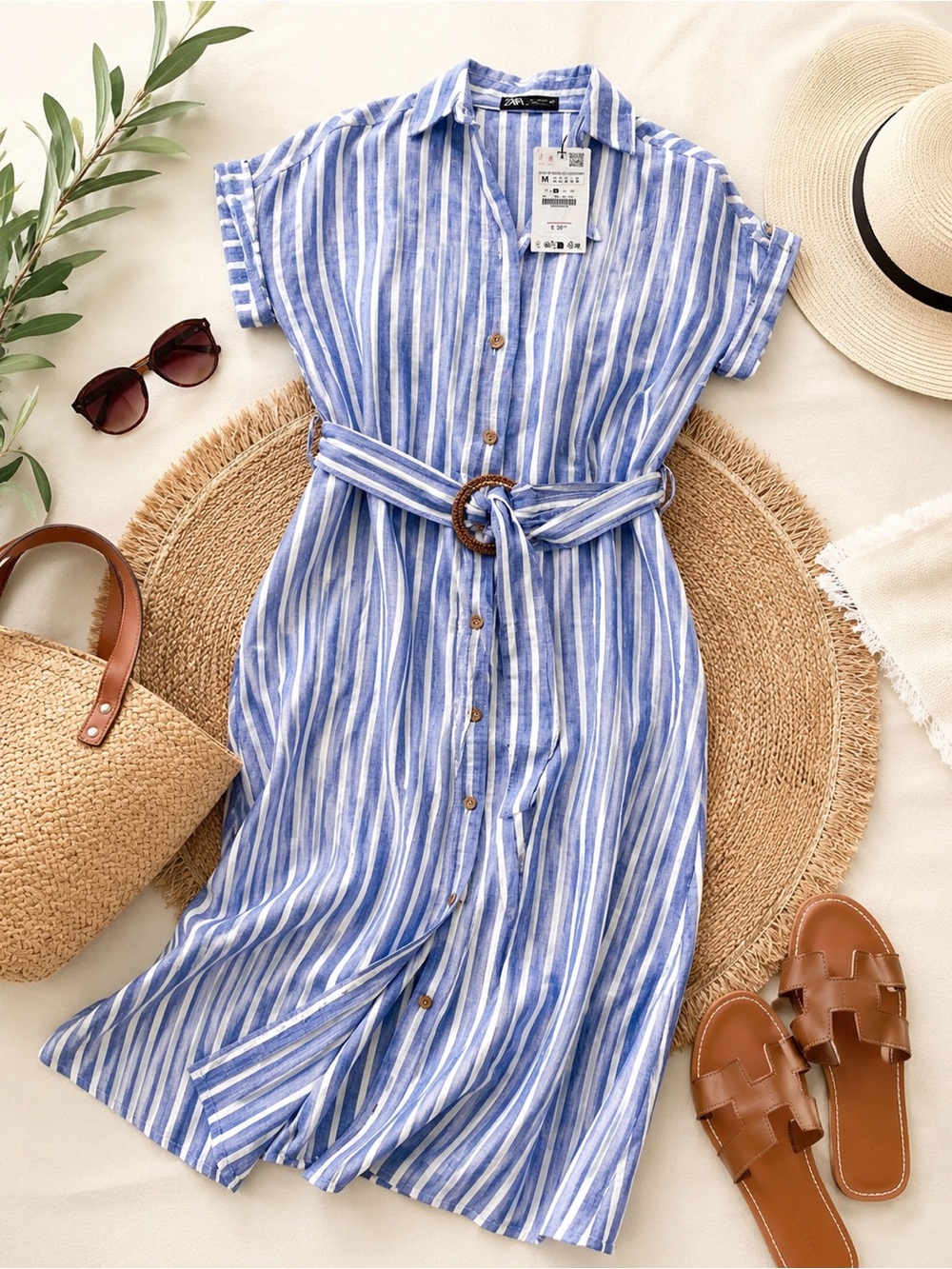 Zara Blue and White Striped Midi Shirt Dress with Tie Waist
